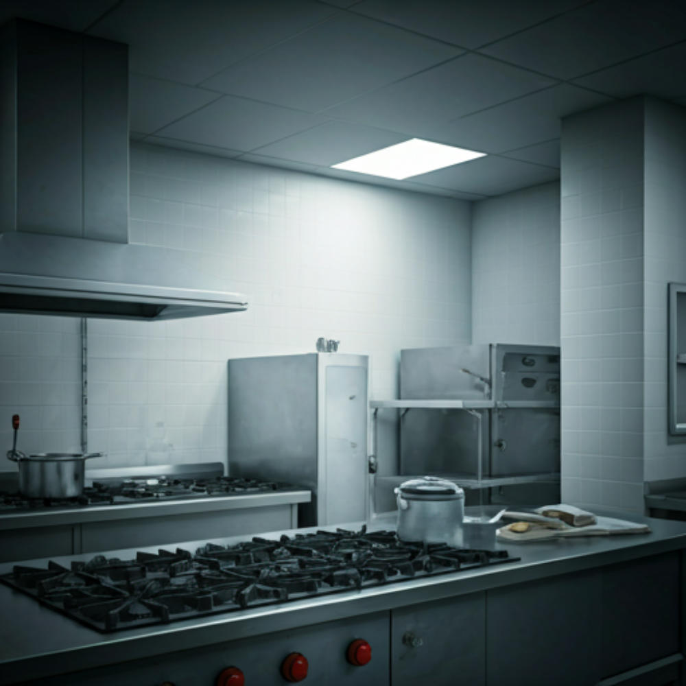 Cocina profesional de alta gama con chef trabajando con precisión
